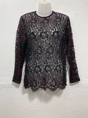 Vintage Citi Lace Sheer Top Fairy Grunge 90s Y2K Long Sleeve Black Red Floral 8